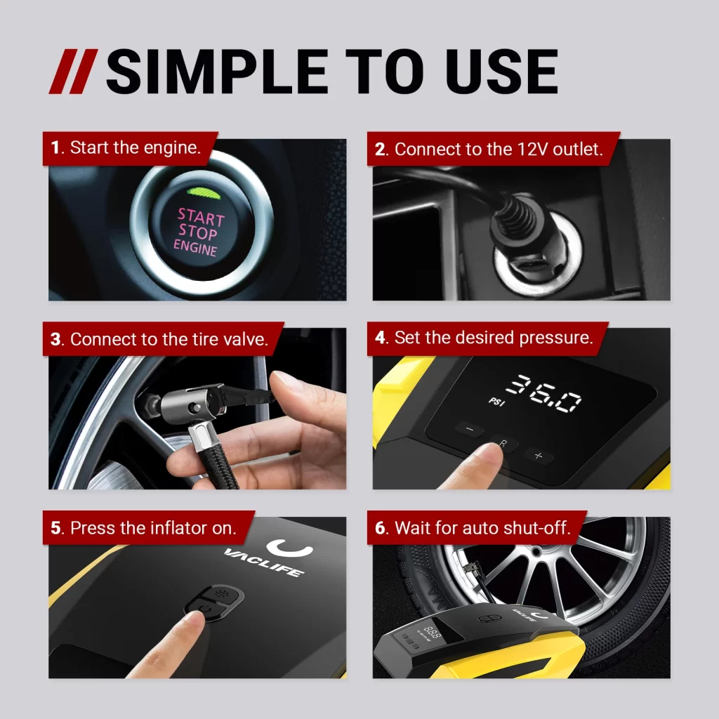 how to use vaclife tire inflator